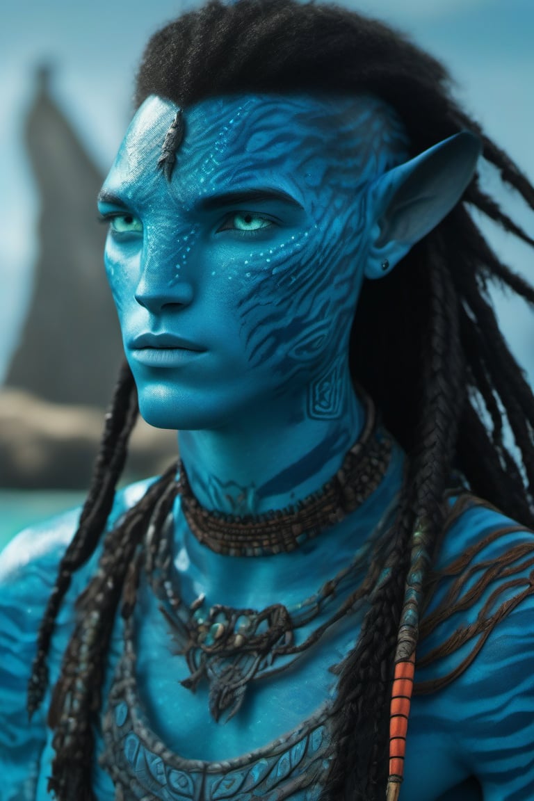 Filip Geljo as a male Na'vi, boy around seventeen years old, ((cyan skin)), (sky blue skin), teal color scheme, ((black hair)), ((braided wavy hair)), well-groomed hair, ((sky blue eyes)), skin full of ((scales)), with a tattoo on his stomach implying his fertility, stern face, ((pointy fangs)), full of dark sky blue painted stripes, using (feathers and corals) as accessories, wearing clothing that gives notice of his position as clan leader, beautiful Na'vi, action scene, close-up view, profile view, realistic eyes, hyper-realistic, extreme detail, HDR, 4k quality, perfect quality, perfect picture, HD quality, movie scene, 4k, 8k, freckles, pale foreground lighting, concept art, low saturation, alien, jewelry, portrait, lots of detail, Read description, ADD MORE DETAILS, ocean floor, cave background with bonfires. As the sun is reflecting on his face, he is a guest of the Tsahik clan, so his attire is appropriate. full body, Showing off his tattoo on his stomach