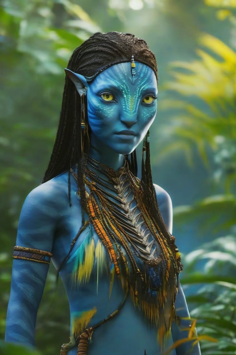 Na'vi, female in her forties, ((blue skin)), ((white skin), blue color palette, ((black hair)), ((braided hair)), messy hair, ((yellow eyes)), skin full of ((scales)), stern face, ((pointed fangs)), full of dark blue painted stripes, using (bones, feathers and threads) as accessories, her function in the Omatikaya clan as the next Tsahik of this, wearing tribal clothing, beautiful Na'vi, action scene, close-up view, profile view, realistic eyes, hyper-realistic, extreme details, HDR, 4k quality, perfect quality, perfect picture, HD quality, movie scene, dim lighting, concept art, low saturation, alien, jewelry, portrait, many details, 4k, 8k, freckles, close-up, AVATAR-OME, Read description, ADD MORE DETAILS, Forest background, Cave background with bonfires, Tree of souls background.