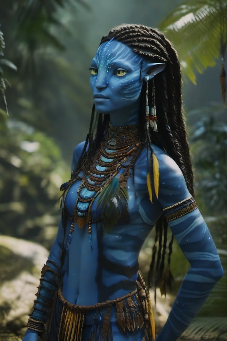 Na'vi, female in her forties, ((blue skin)), ((white skin), blue color palette, ((black hair)), ((braided hair)), messy hair, ((yellow eyes)), skin full of ((scales)), stern face, ((pointed fangs)), full of dark blue painted stripes, using (bones, feathers and threads) as accessories, her function in the Omatikaya clan as the next Tsahik of this, wearing tribal clothing, beautiful Na'vi, action scene, close-up view, profile view, realistic eyes, hyper-realistic, extreme details, HDR, 4k quality, perfect quality, perfect picture, HD quality, movie scene, dim lighting, concept art, low saturation, alien, jewelry, portrait, many details, 4k, 8k, freckles, close-up, AVATAR-OME, Read description, ADD MORE DETAILS, Forest background, Cave background with bonfires, Tree of souls background.