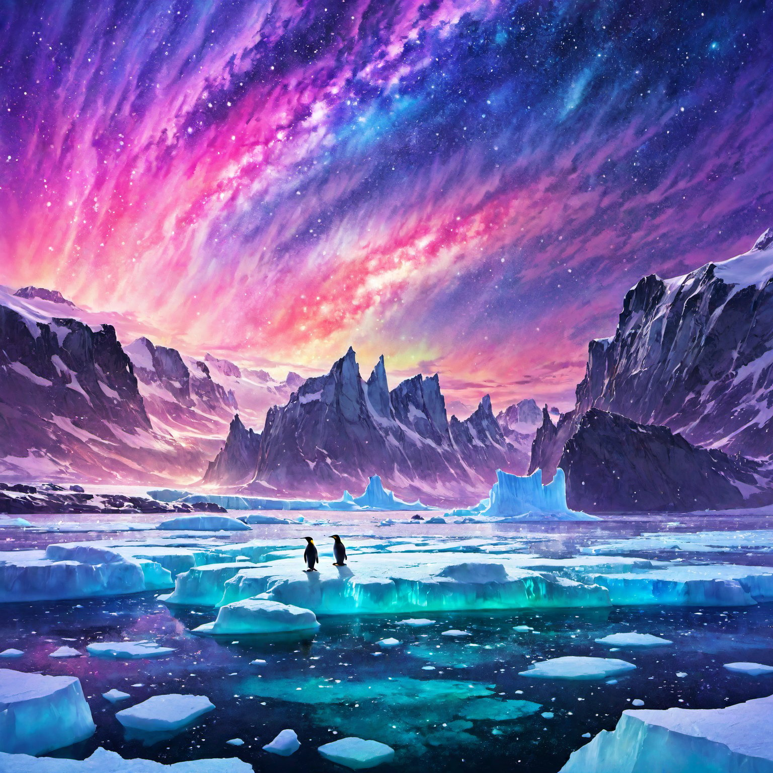 Polar regions, ice floes, giant icebergs, colorful auroras, clear sky, night sky, starry sky, penguins, white night,colorful splashes,painted world,Star,space