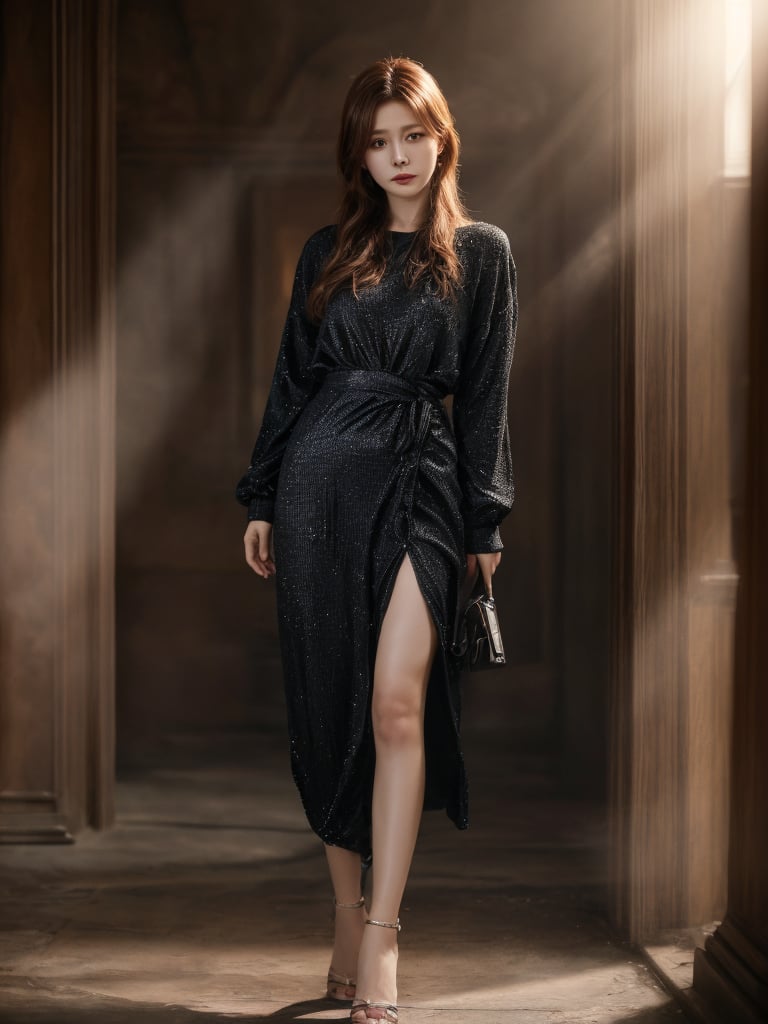 A 45yr beautiful women named Zhao lusi standing pose full body potrait highly detailed realistic face with lighting and shadow control on face and hair photorealistic,Lens Flares,perfect split lighting,shaded face,Young beauty spirit , ,cinematic lightings,1 girl