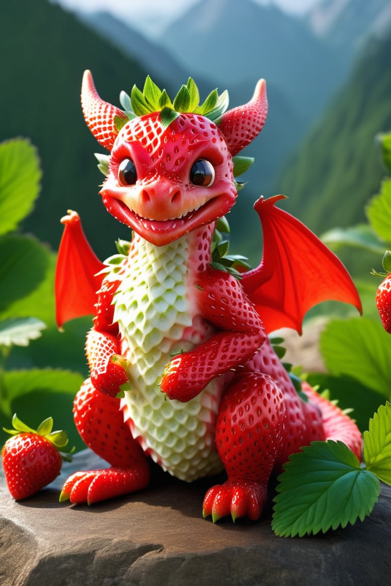 strwbrrxl, full body, detailed realistic image  of  a big dragon textured strawberry red skin, , smiling, sitting, natural light, magical, mountain background, , solo, very detailed, 4k, masterpiece, morph, photo realistic, RAW photo, subject, 8k uhd,sharpened focus soft, lighting, high quality, The surface of the strawberry is dotted with numerous small seeds and has a bright red color, which is typical for ripe strawberries, strwbrrxl
