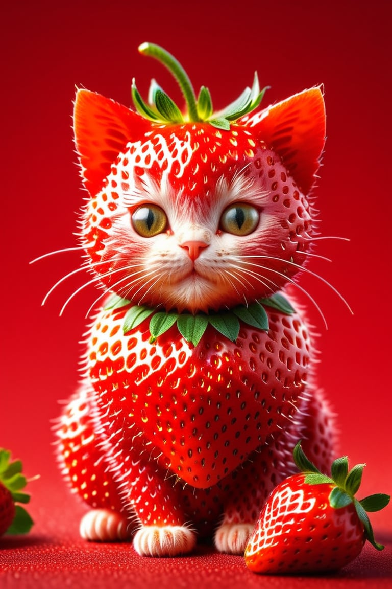 strwbrrxl, detailed image of a cute cat textured strawberrz red skin, sitting, natural light, magic stars background, The surface of the strawberry is dotted with numerous small seeds and has a bright red color, which is typical for ripe strawberries, strwbrrx
