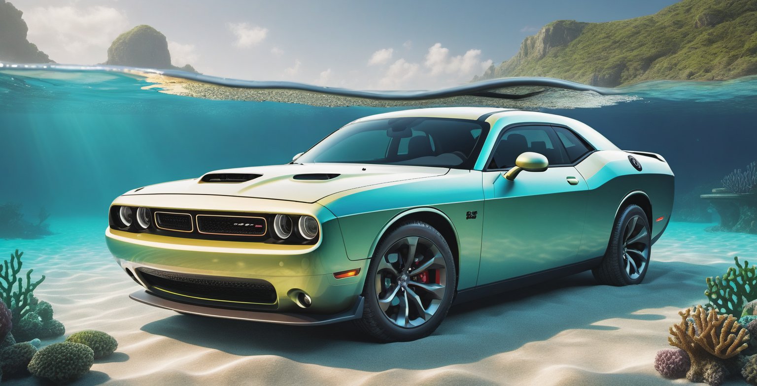 There&#39;s a Dodge Challenger III Restyling 2 2015 at the bottom of the ocean, surrounded by marine life. Light breaks through the water, creating mystical lighting. The car is partially covered with seaweed and coral, which emphasizes his prolonged stay under water. A variety of fish and other marine life swim around. Details for creating a picture: Main object: sports car (Dodge Challenger III Restyling 2 2015). Clean lines and modern car design, but with elements of corrosion and fouling by algae and corals. ambient: Ocean floor, covered with sand and stones. Marine flora: algae, armed, sea grass. Marine fauna: various types of fish, Maybe, small sharks, Jellyfish. Lighting & Atmosphere: Scattered light, penetrating through the water from above, creating soft light rays. Shadows & Depth, giving the image realism. Bluish and greenish shades, characteristic of the underwater environment. Additional elements (Optional): Shipwrecks or old chests in the distance to add ambience. little air bubbles, rising from the car. Style and mood: Realistic style with high detail. Mystical and slightly mysterious atmosphere. Combination of modern and natural. Technical specifications: a high resolution. Realistic stylization. Detailed elements of the car and the underwater world. Effective use of light and shadow to create depth and realism.