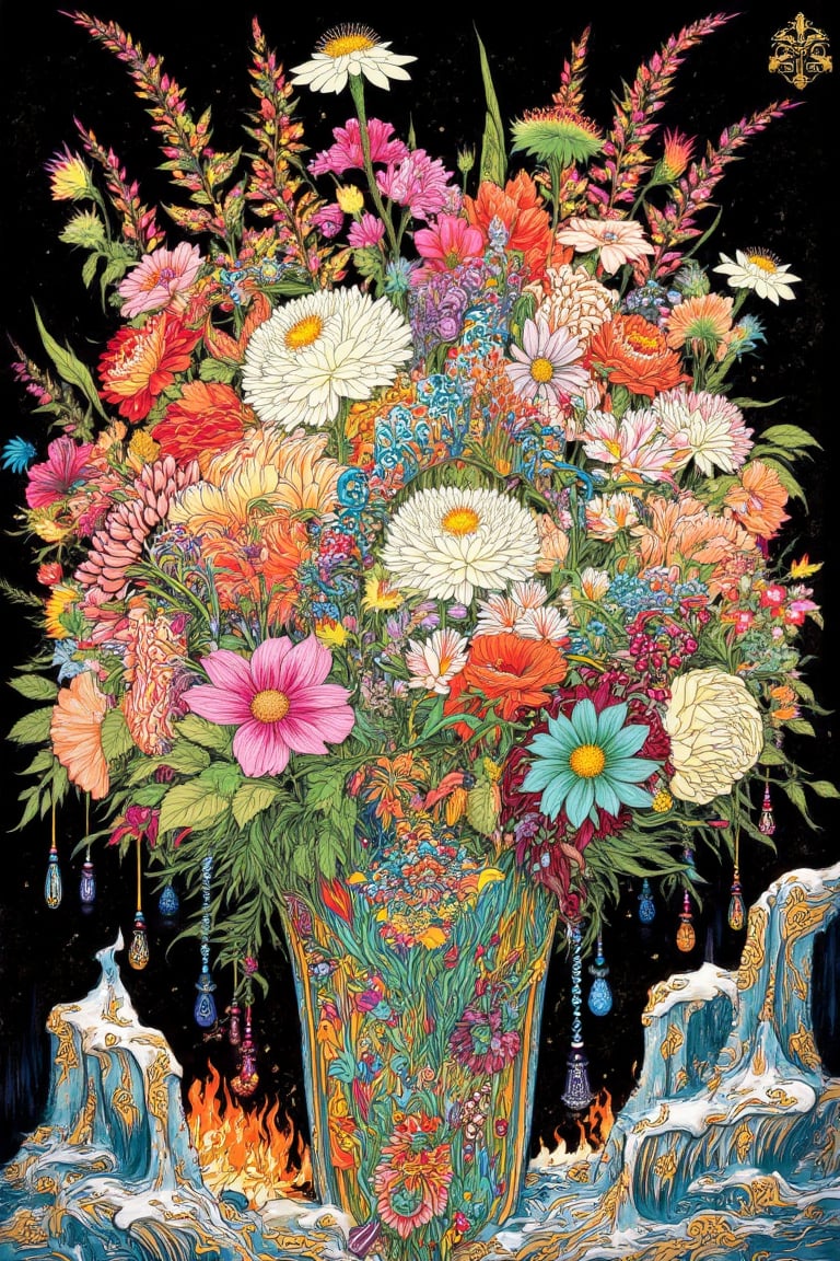 Illustration, ukiyo-e, vivid, colorful, a flowers bouquet from ice and flames of fire, detailmaximizer., Katsuhiro Otomo style, superb detail, fantastic, mysterious, detailed background, It must not be commonplace, Must have a very complex structure, Must have a very high degree of randomness, Must be an image that no one has ever seen before, It has to be very original, Must have tremendous detail, It has to be of the highest artistic quality, It has to be the ultimate, Failure is not an option