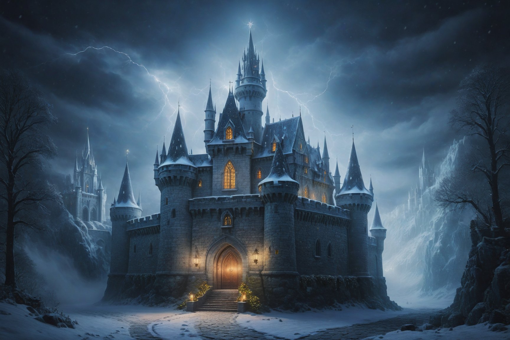 (Christmas Castle ), high elven castle of white stone with towers and spires, 4k, masterpiece, mystic, mysterious, enchanting, ethereal, dark colorful, Snowy dark foggy atmosphere, best quality,extremely intricate, realistic, lamps, Night time, (detailed), Magical Fantasy style,detailmaster2, Lightning, Dungeon and Dragons, falling snow