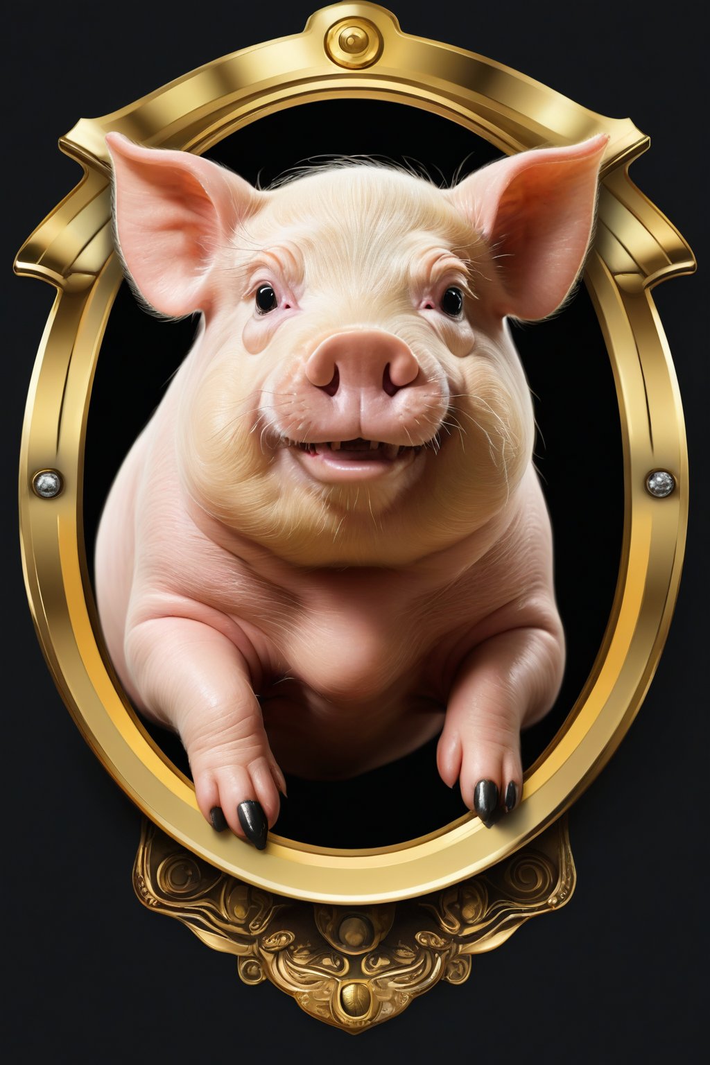 Masterpiece, realistic. High quality. Detailed. Badge. Pig
, golden frame,   black background, detailed paws