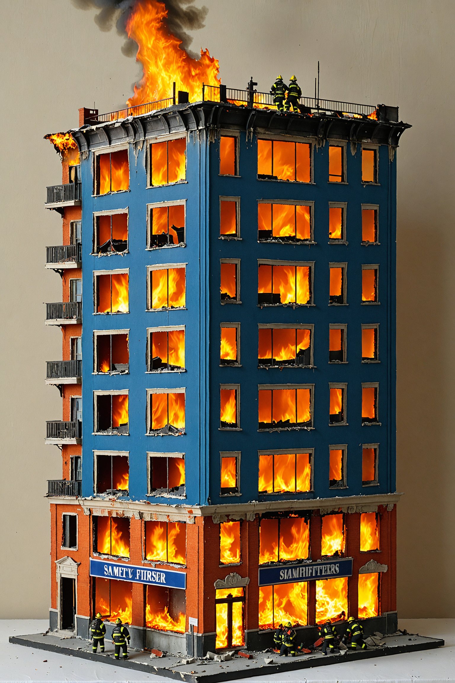 A meticulously crafted model of a multi-story building. The structure appears to be in a state of disrepair with parts of its facade missing. The building is engulfed in flames from within and outside, with firefighters in protective gear attempting to control the blaze. The firefighters are positioned on various levels, with some on the roof and others on the ground. The flames are vividly orange and yellow, illuminating the scene with an intense glow. The background is a muted shade of blue, providing a stark contrast to the fiery scene.