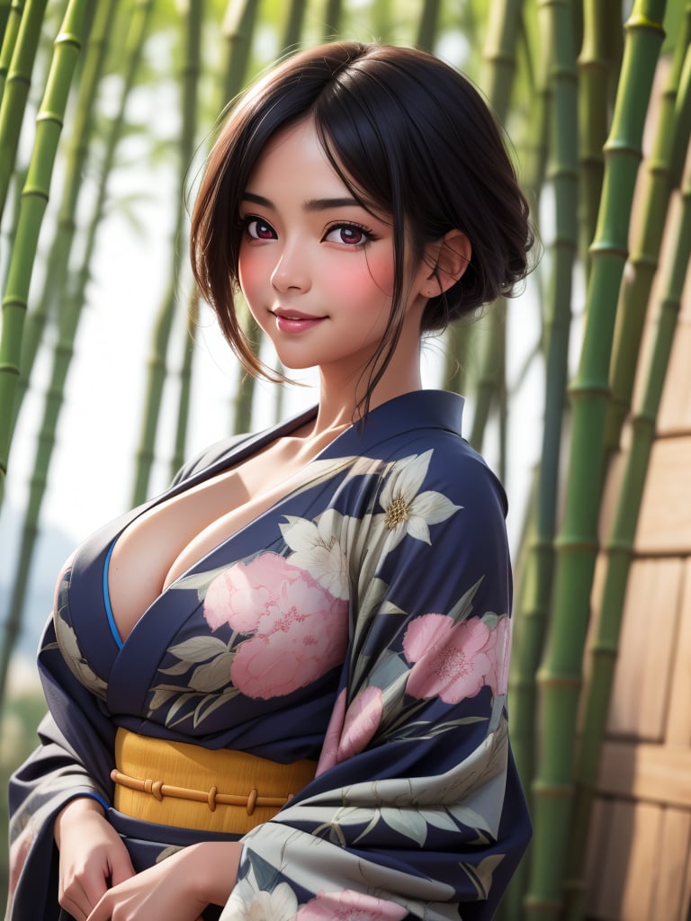 (High quality, High resolution, Fine details, Realistic), Bamboo grove path, Kimono, Woman looking up, solo, Curvy women, sparkling eyes, (Detailed eyes), smile, blush, Large breasts, Sweat, Oily skin, Calm atmosphere, Fantastic, Soft tones, Soft light