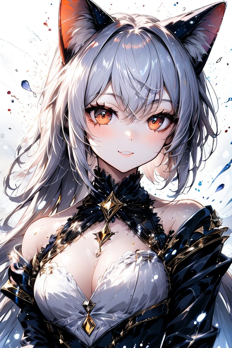 Beautiful girl, cat girl. She is very badass, she wears a very luxurious outfit. detailed image, detailed skin, upper body, looking at viewer. White background, ((masterpiece: 1.2)), light particles, ink droplets in background, Anime style.