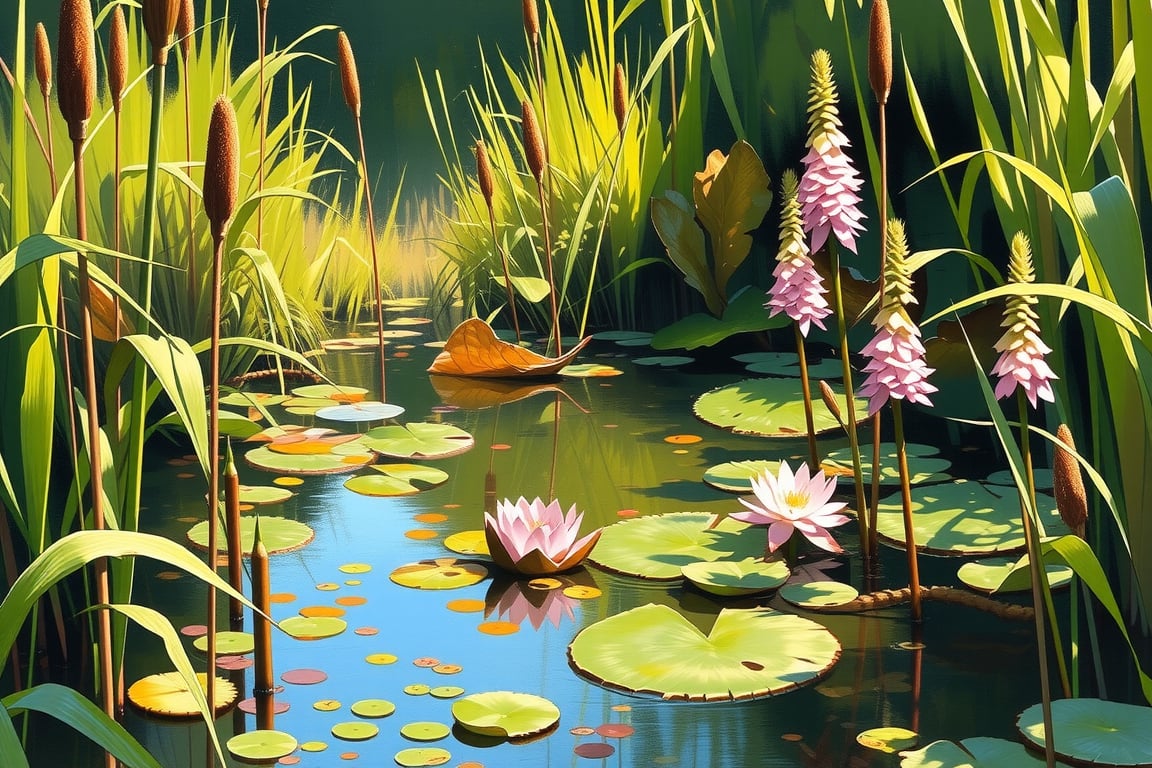 score_9, score_8_up, score_7_up, realistic,small pond full of life, in a luxuriant nature, bulrush, foxglove, (water lily:0.7), weeds, , realistic soft shadows, low saturation colors, impressionist painting, extremely detailed, HD