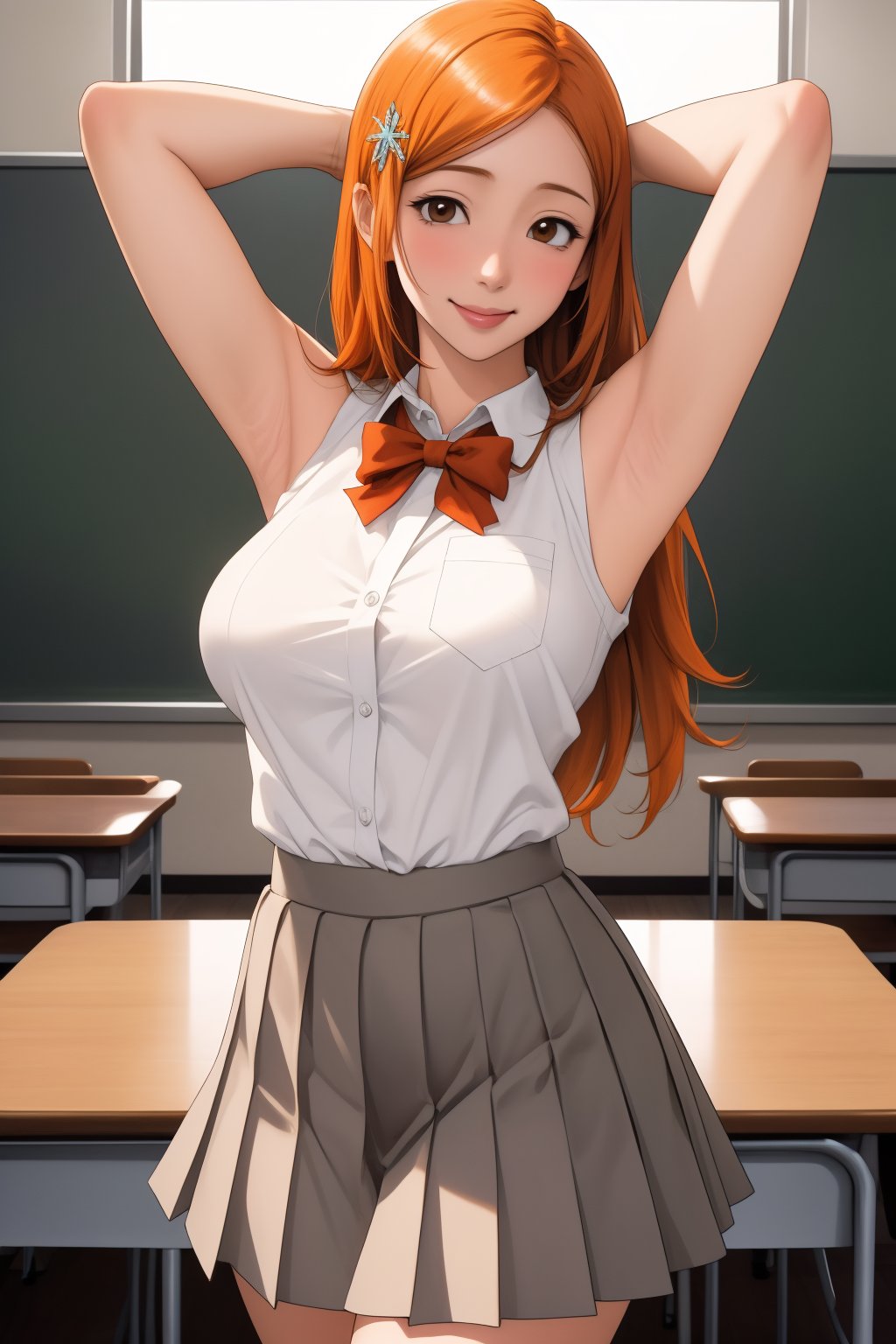 (masterpiece, best quality:1.2), Inoue Orihime, solo, Sleeveless white school uniform, Gray pleated short skirt, orange hair, hair ornament, smile, large breasts, scene in school, Inoue, Orihime,MeikoDef,orihime,orihimedef, school background, Smooth and flawless armpits, Smooth and flawless skin,
Smooth and flawless skin, Red bow-knot, 
(ultrahigh resolution textures), in dynamic pose, bokeh, (intricate details, hyperdetailed:1.15), detailed, HDR+, ,Xter, classroom Inoue, innocent face,,((hands behind head)),