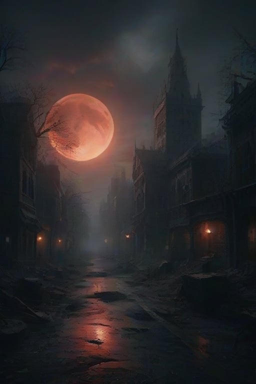 The city of yharnam, oil painting, Red moon, realistic, extreme detail, scary, terrifying, dark and warm environment, 8k, Epic, (Use Dream Diffusion Secret Prompt), UHD