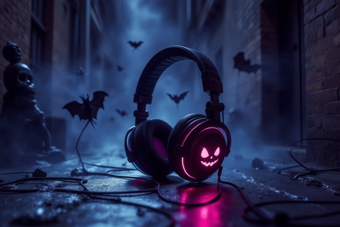 HalloweenGlowStyle headphones on an empty surface, (Masterpiece:1.3) (best quality:1.2) (high quality:1.1)