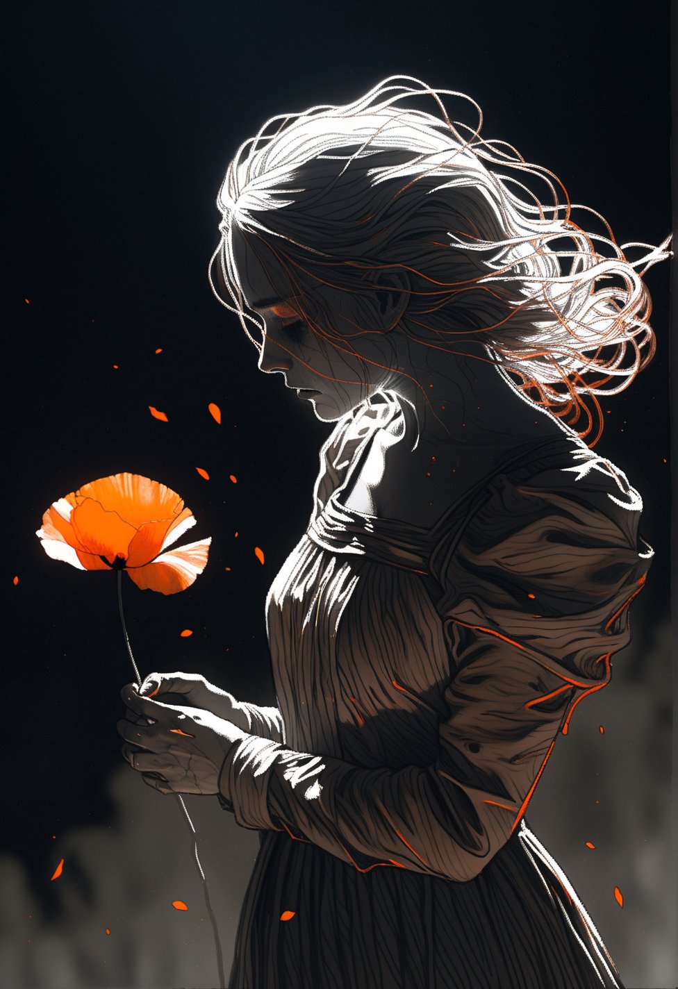 linquivera,coquelicot, beautiful woman, sorrowful expression, faded elegance, poignant atmosphere, lost beauty, melancholic aura, hauntingly captivating, timeless grief, stark contrast, delicate decay,line art,backlighting,wind,backlighting,stardust,(wind:1.2),knight,orange blood