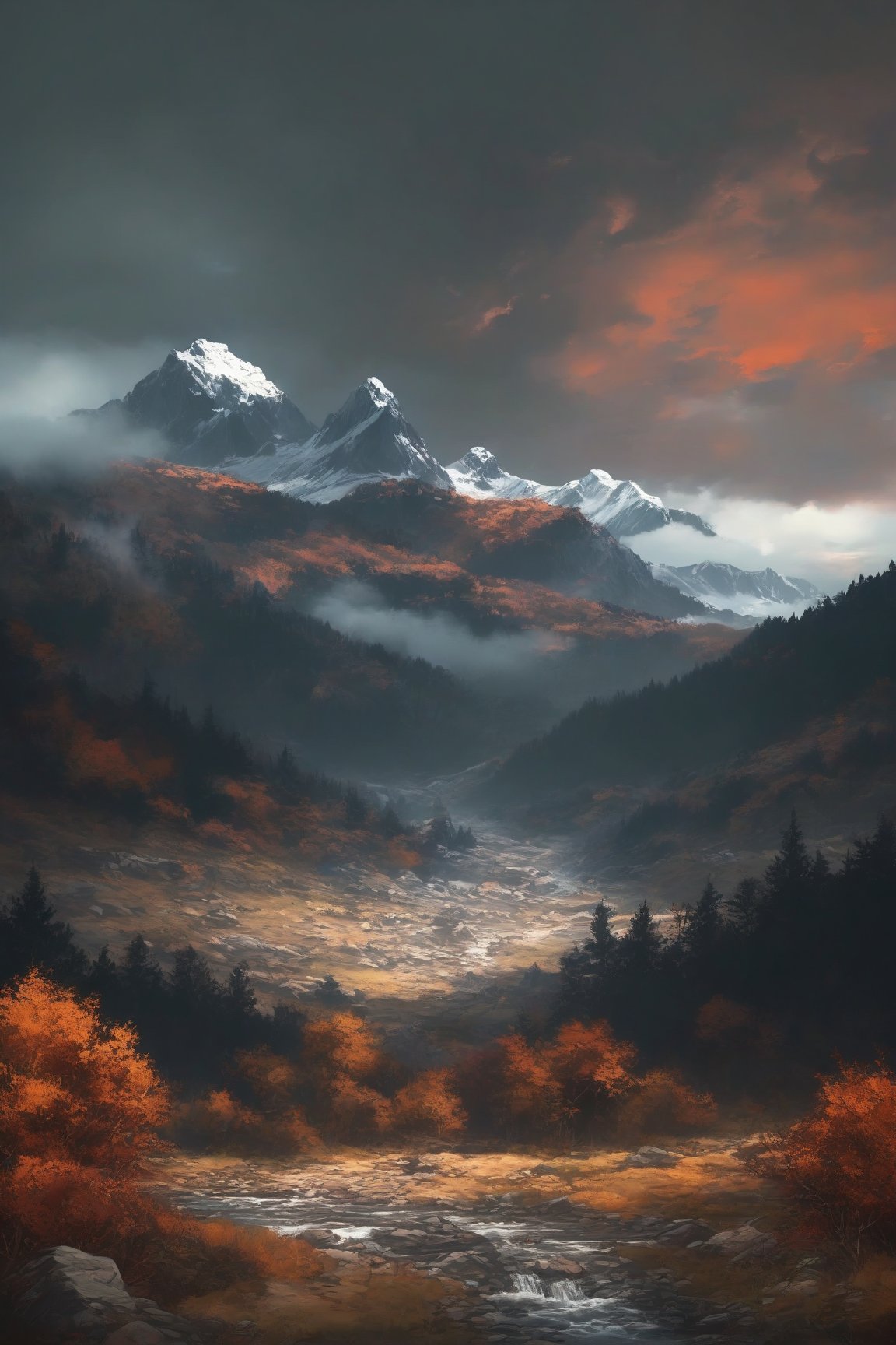 desolate, autumnal mountain range, fiery oranges and deep umbers dominate the landscape, wild foliage clashes with jagged rock formations, a torrential river carves through the wilderness, eerie stillness permeates the atmosphere, every element meticulously rendered in high detail, style of Ash Thorp and Ian McQue.