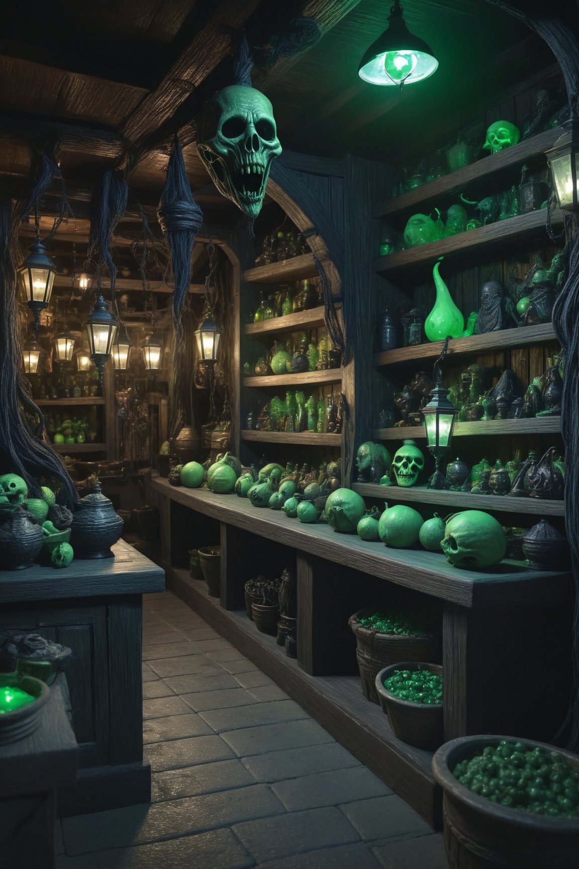 Eldritch marketplace, twisted stalls, dark and mysterious wares, eerie green light, shadowy figures, detailed textures, high detail, high resolution, (dark fantasy, eerie:1.3), (haunting, atmospheric:1.2), (nightmarish:1.4), masterpiece quality , ral-ertmsphr