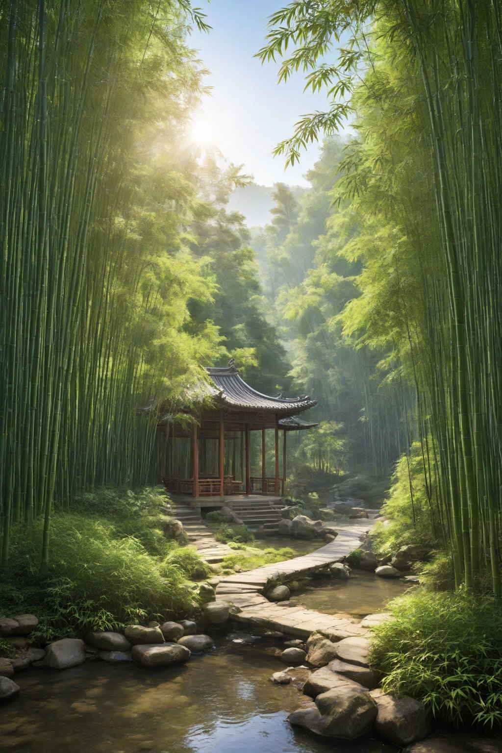 Chinese style, a quiet bamboo forest with a small pavilion and a stream next to it. A classical beauty is sitting in the pavilion playing the piano, and the sun is shining in the bamboo forest.