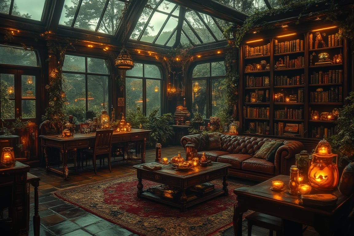 steampunk, ornate, detailed, hyperrealistic, 8k, high quality, award-winning photography, warm, 
score_9, score_8_up, score_7_up, photography, photorealism, UHD, highly detailed, realistic, extremely detailed, photorealistic, books on shelves in a solarium at dusk in autumn mist, halloween decorations and candy on a table