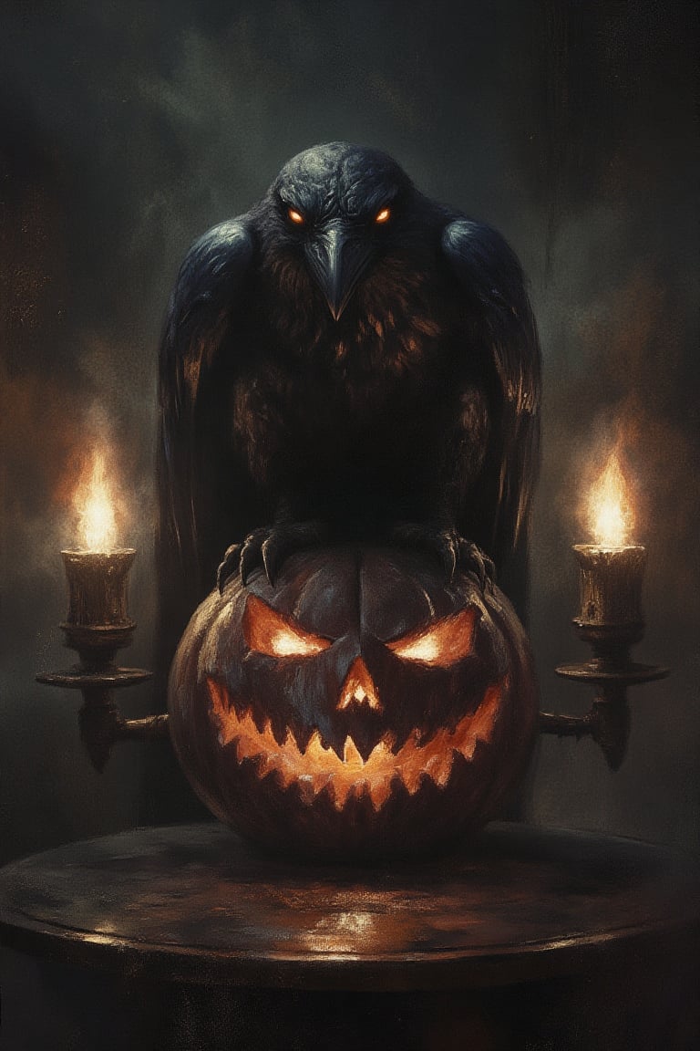 a black raven  sitting  a JACK O LANTERN, the black raven has glowing red eyes,  on each side is a flamings torchs. the atmosphere is dark and foggy.
dark, texture, vintage, light particles, dust, noise, grainy, film grain, pure black