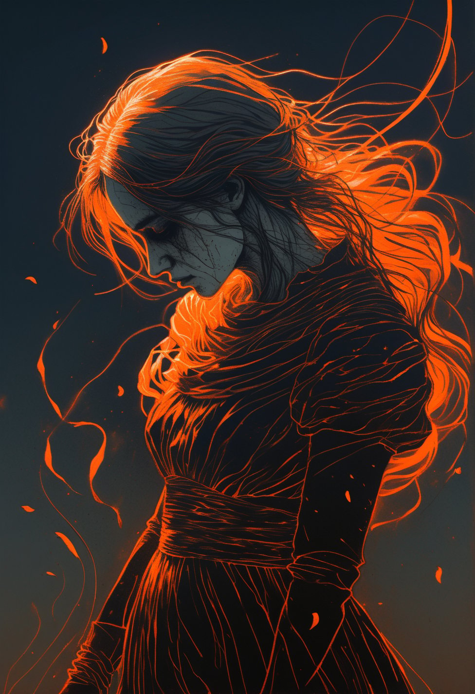 linquivera,coquelicot, beautiful woman, sorrowful expression, faded elegance, poignant atmosphere, lost beauty, melancholic aura, hauntingly captivating, timeless grief, stark contrast, delicate decay,line art,backlighting,wind,backlighting,stardust,(wind:1.2),knight,orange blood