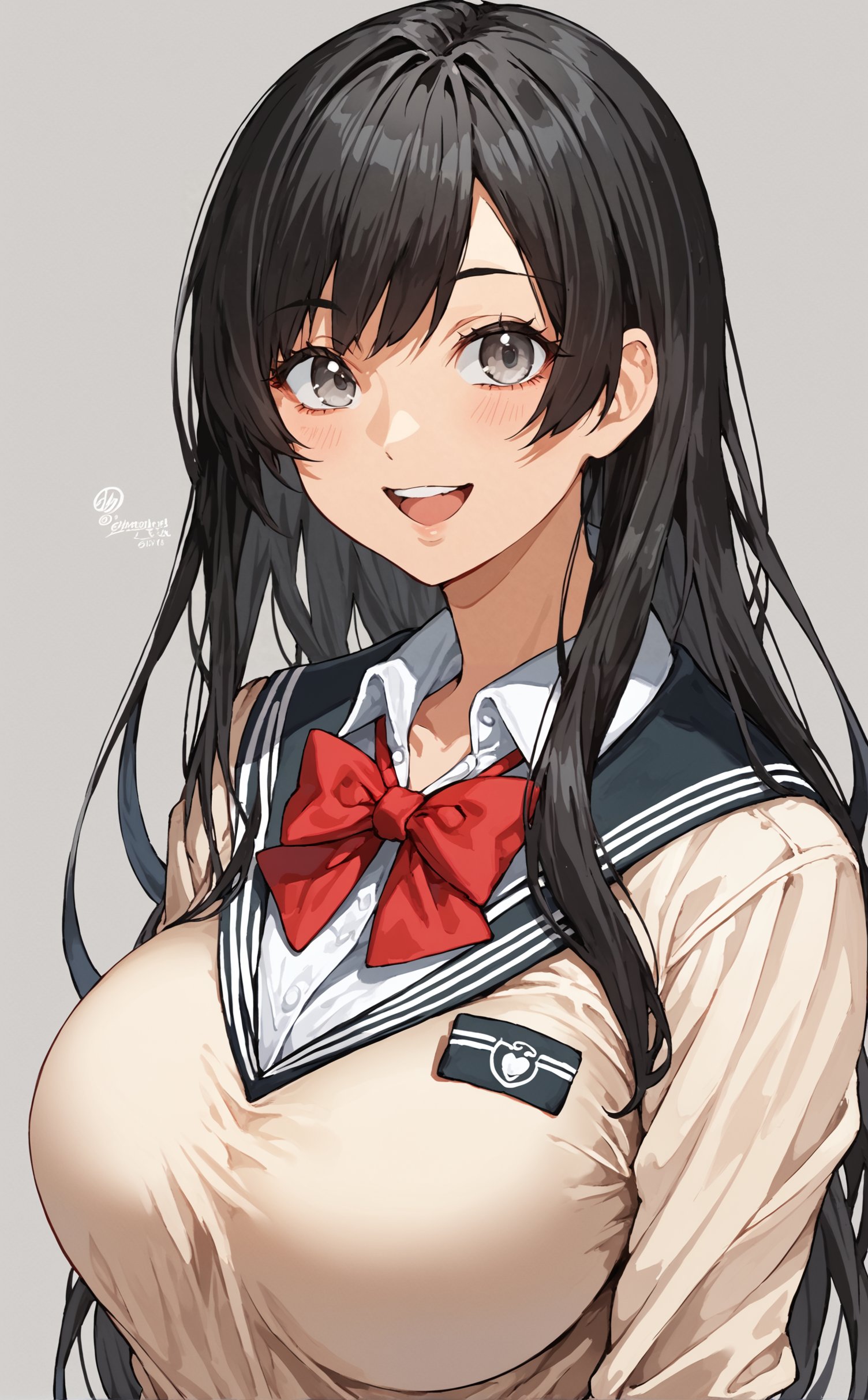 score_9, 1girl, solo, breasts, smile, bow, looking at viewer, red bowtie, simple background, long hair, school uniform, open mouth, shirt, large breasts, upper body, mamaneeir, cowboy shot, black hair, grey eyes,