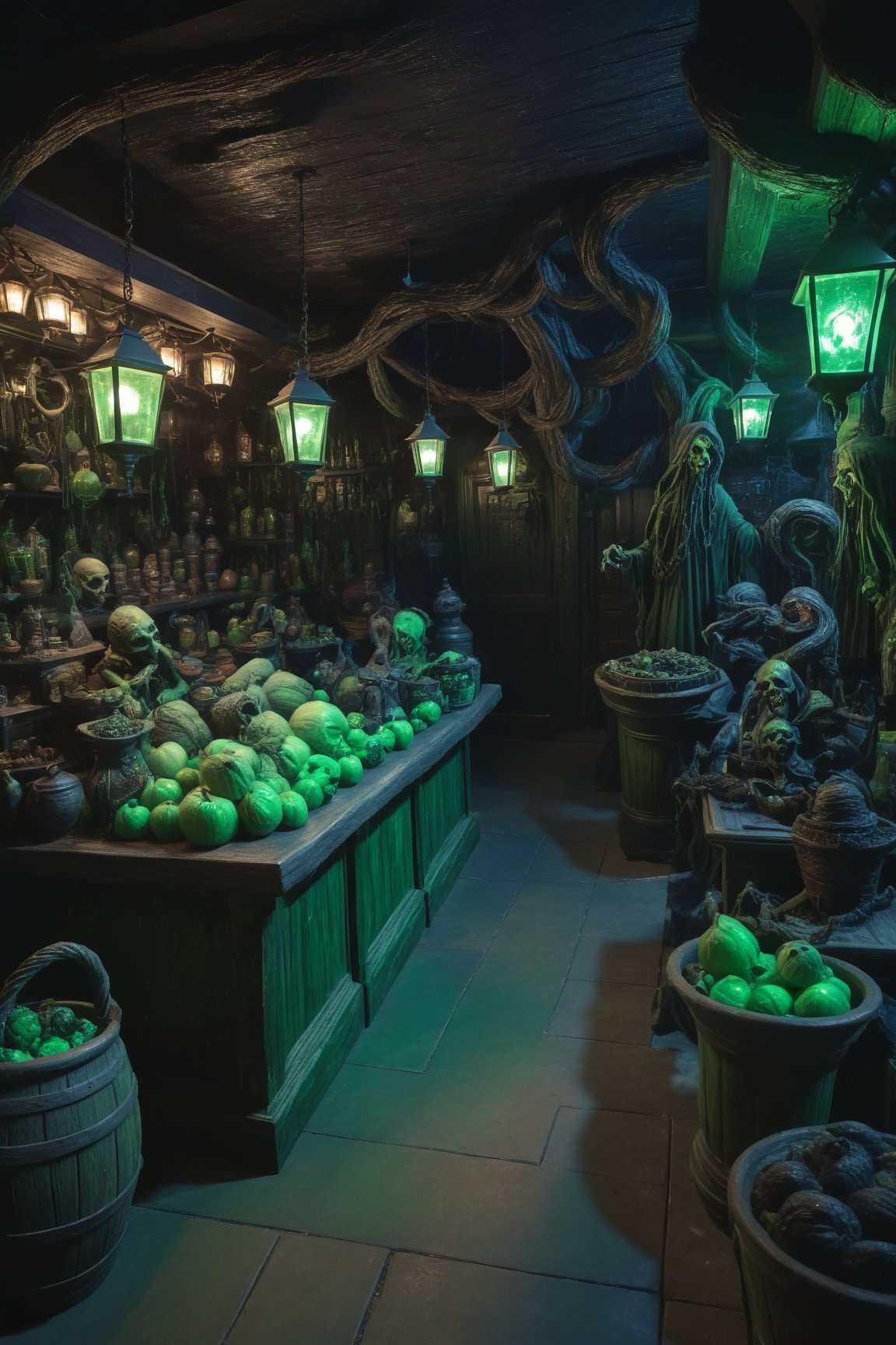 Eldritch marketplace, twisted stalls, dark and mysterious wares, eerie green light, shadowy figures, detailed textures, high detail, high resolution, (dark fantasy, eerie:1.3), (haunting, atmospheric:1.2), (nightmarish:1.4), masterpiece quality , ral-ertmsphr