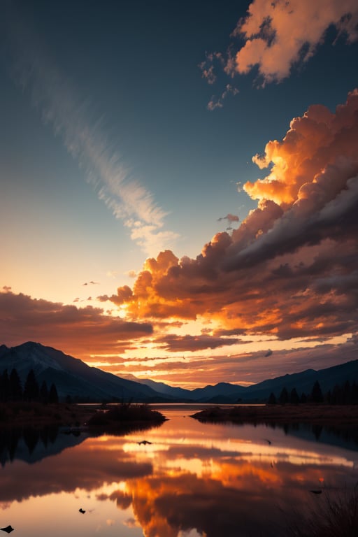 pic of a magnificent sunset over a mountainous landscape, where the high peaks are bathed in a golden light and the sky is painted with soft shades of orange and pink. The clouds extend in dramatic shapes, criando uma cena deslumbrante e serena. No primeiro plano, There is a tranquil lake reflecting the beauty of the sky, while silhouetted trees add a touch of mystery to the landscape. The balanced composition and vastness of nature captured in a convey a sense of calm and wonder at the grandeur of the natural setting. 