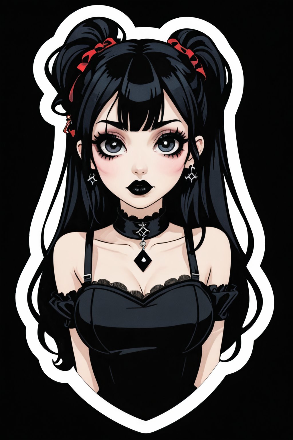 sticker_layout, bust, goth girl, long black hair, bangs hair, black lipstick, hoop earing, choker, black dress,