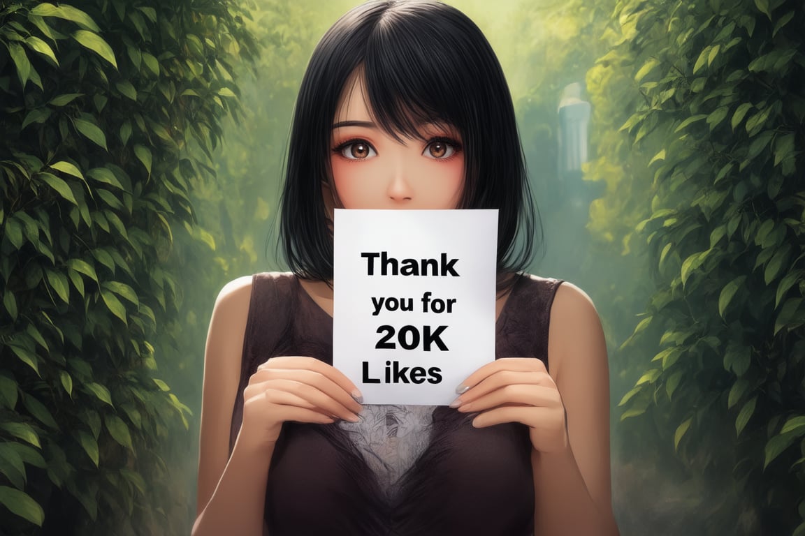 anime art,woman holding papper with ((logo, letters ("Thank you for 20K likes"))) ,8k UHD, RAW, DSLR, HDR, Fuji FILM,, intricate diorama, photorealism, intricate details, extremely detailed, masterpiece,  outstanding intricacies, best quality, hires textures, high detail, incredibly detailed, cinematic lighting, creating an endearing expression as it gazes directly into the camera. the surrounding foliage adds depth to the scene,
cinematic still portrait,street photo art style,

