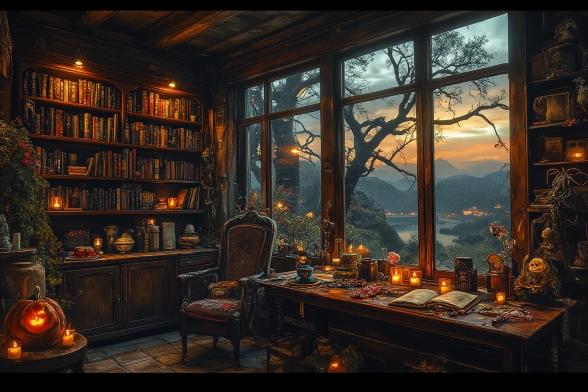 
score_9, score_8_up, score_7_up, photography, photorealism, UHD, highly detailed, realistic, extremely detailed, photorealistic, books on shelves in a solarium at dusk in autumn mist, halloween decorations and candy on a table