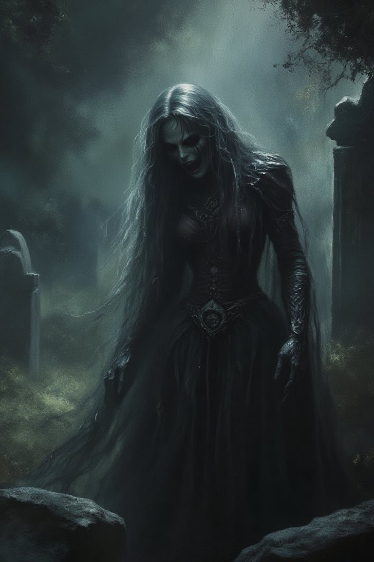 (Masterpiece, highest quality, Best Quality, Official Art, Beauty and Aesthetics :1.2), (Fractal Art :1.3), (1 Creepy girl :1.3), highest detail, cinematic light, very long hair, absurdly detailed clothes, in a graveyard, creepy laughter the atmosphere is dark and foggy.
dark, texture, vintage, light particles, dust, noise, grainy, film grain, pure black