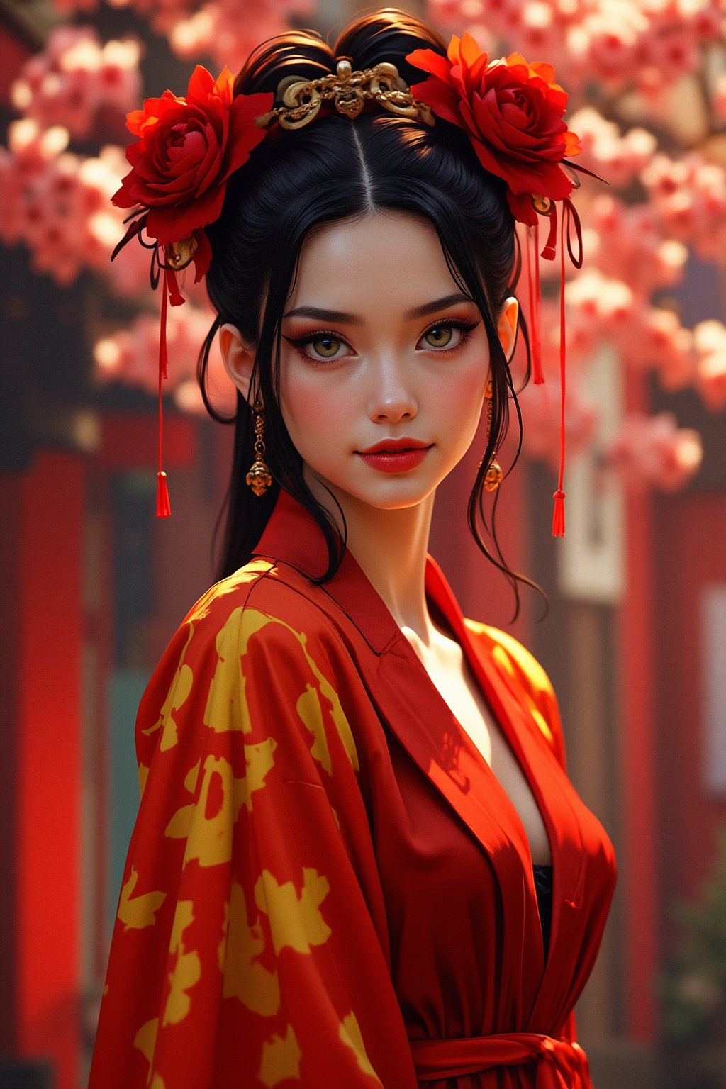 score_9, score_8_up, score_7_up, firegoddess, fire dress, close up portrait, cherry blossoms, garden, beautiful architecture