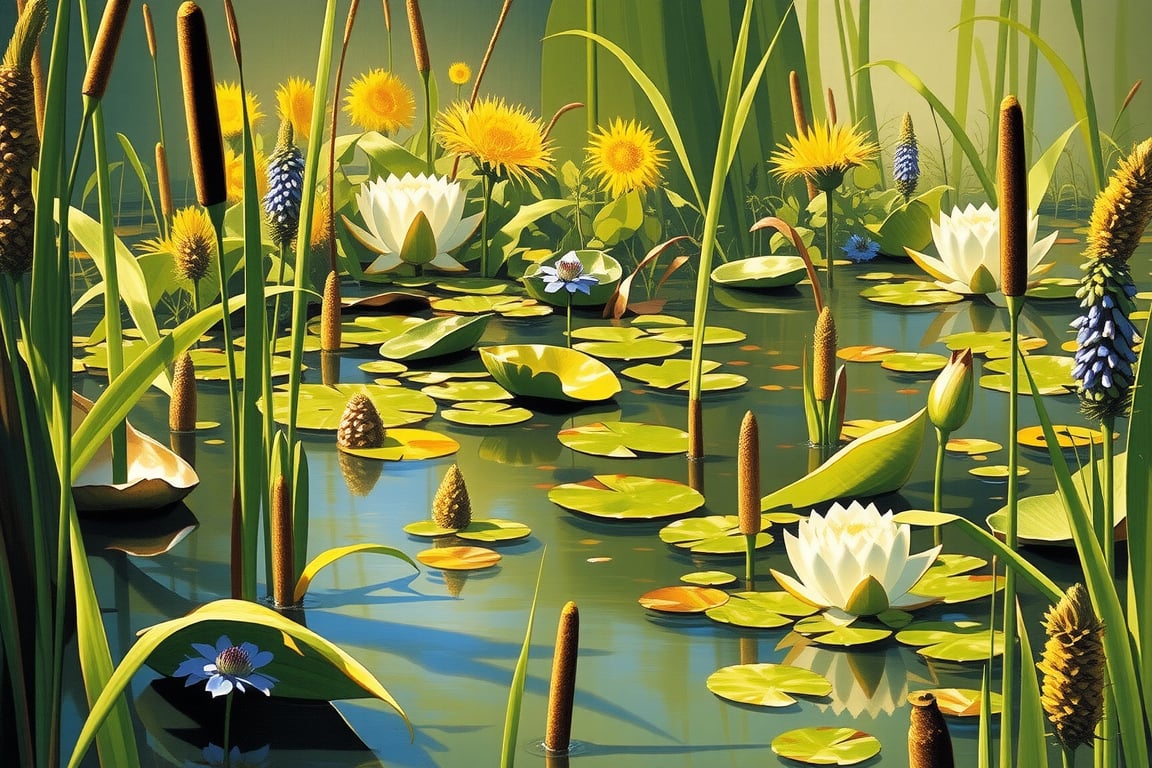 score_9, score_8_up, score_7_up, realistic,small pond full of life, in a luxuriant nature, bulrush, foxglove, (water lily:0.7), weeds, , realistic soft shadows, low saturation colors, impressionist painting, extremely detailed, HD