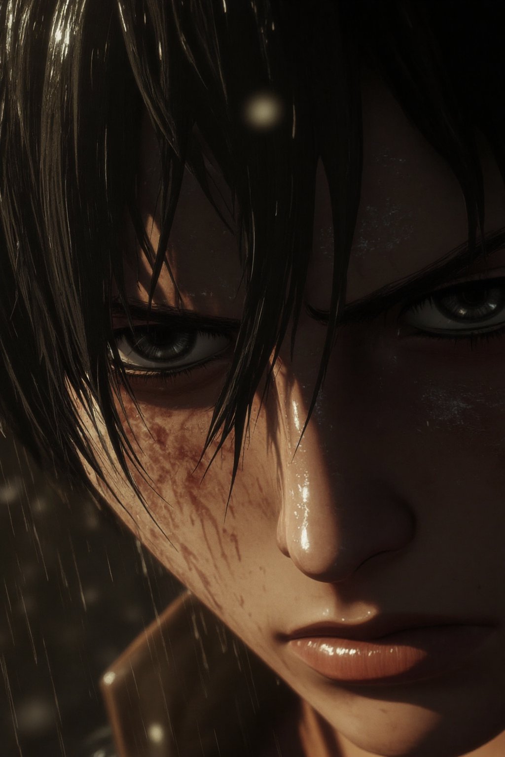 Ultra-realistic Mikasa Ackerman character, close-up of a Mikasa Ackerman with wet skin and hair dripping in rain, sharp facial expression with intense focus in the eyes, wet textures on the skin reflecting light, raindrops glistening and bouncing off her face, dramatic lighting from behind casting soft shadows, hyper-detailed cinematic rendering, in the style of photorealistic anime, realistic water effects, epic and powerful atmosphere, high-quality 3D model rendering, wet clothing clinging to the body, wcer

Mikasa Ackerman ((Shingeki no Kyojin)).mikasa_ackerman, short hair,Hair Black,Hair ,Length To Neck,Eye Black,