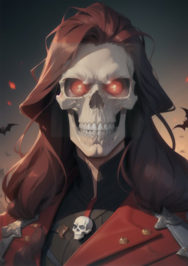 Skull with long hair,,portrait of rageful and bloodthirsty castlevania vampire man, sharp focus, 4k, art by RFKTR_rootrex and rfktr_bwmnga