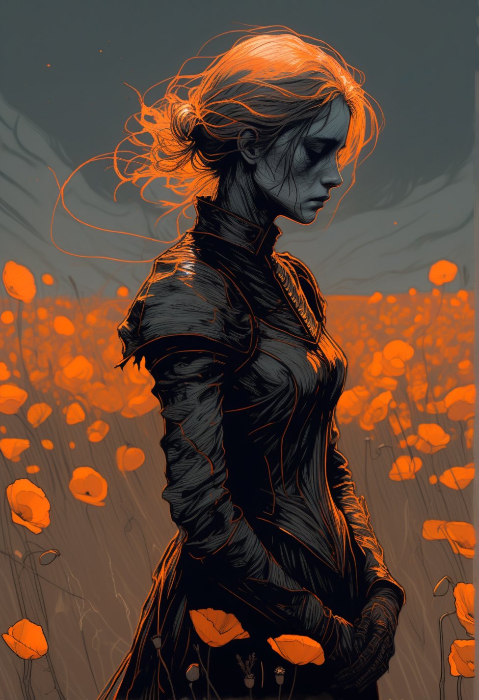 linquivera,coquelicot, beautiful woman, sorrowful expression, faded elegance, poignant atmosphere, lost beauty, melancholic aura, hauntingly captivating, timeless grief, stark contrast, delicate decay,line art,backlighting,wind,backlighting,stardust,(wind:1.2),knight,orange blood