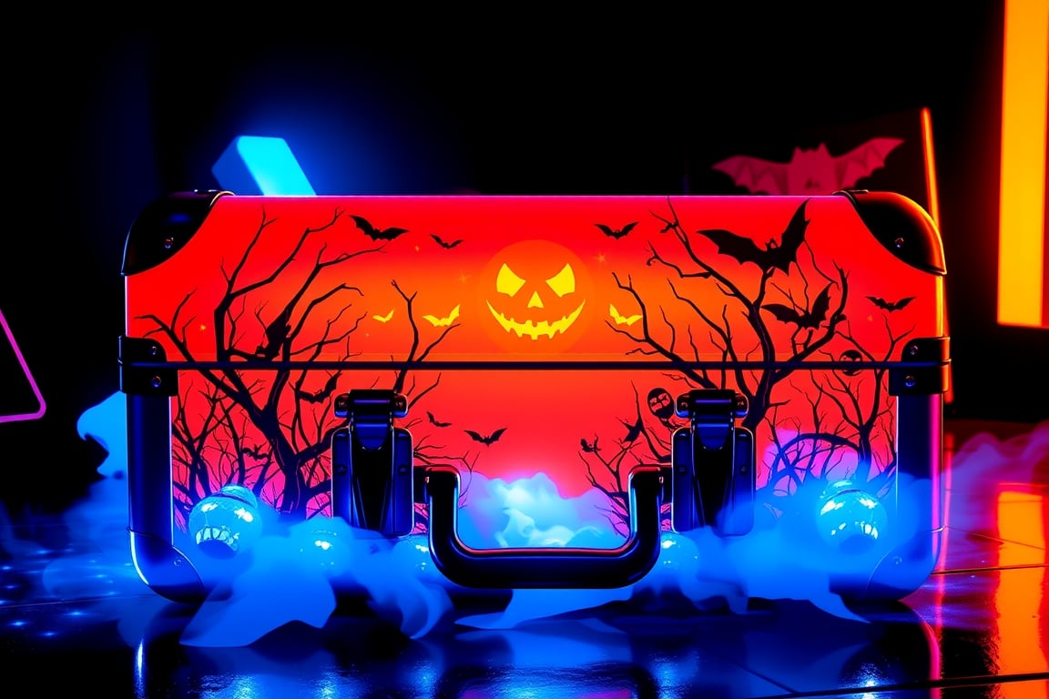 RAW Photo of HalloweenGlowStyle Orange Suitcase, (Masterpiece:1.3) (best quality:1.2) (high quality:1.1)