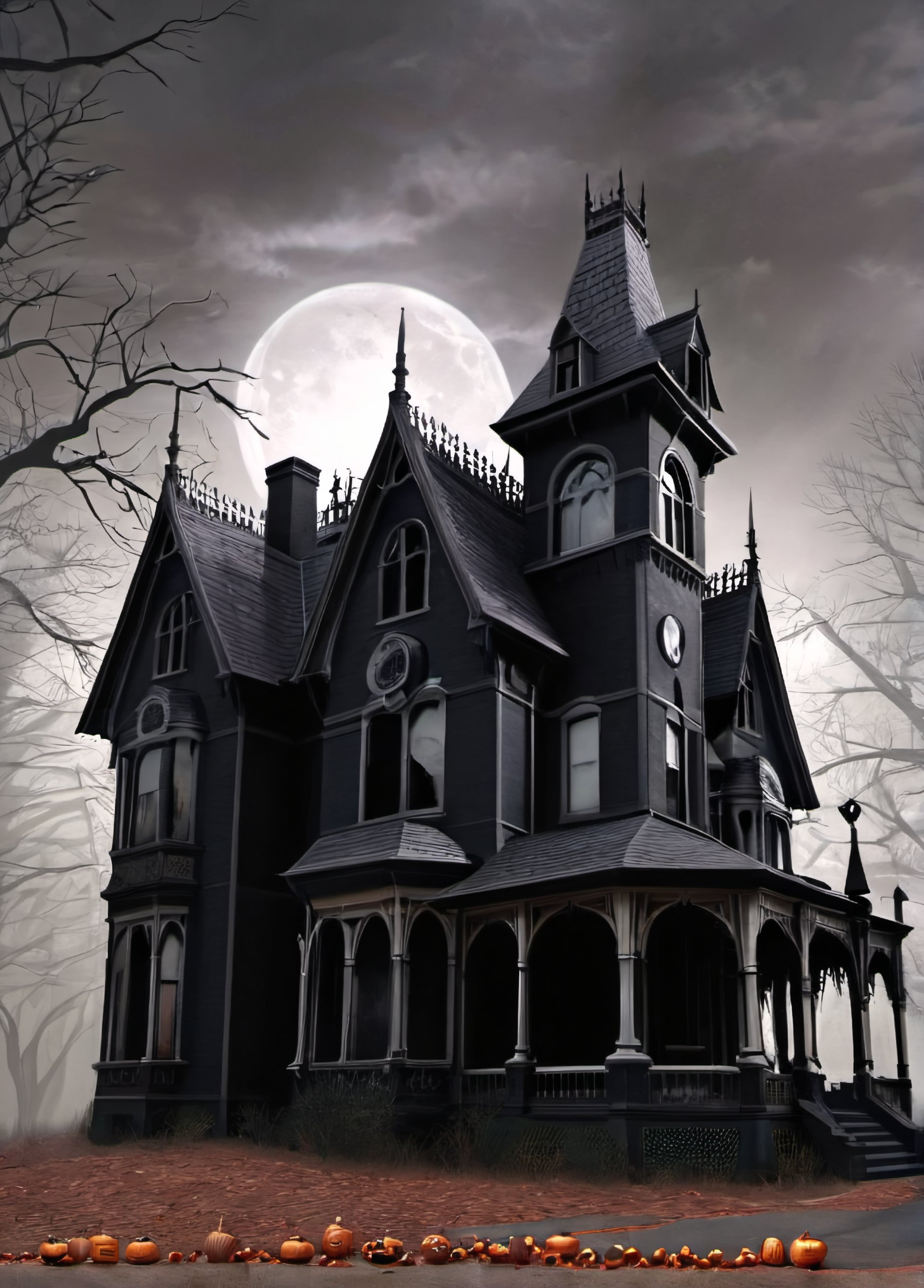 gothic mansion, glowing windows, dark forest, grim path, creepy creatures, withLora(Halloween_Ghostly,0.5)