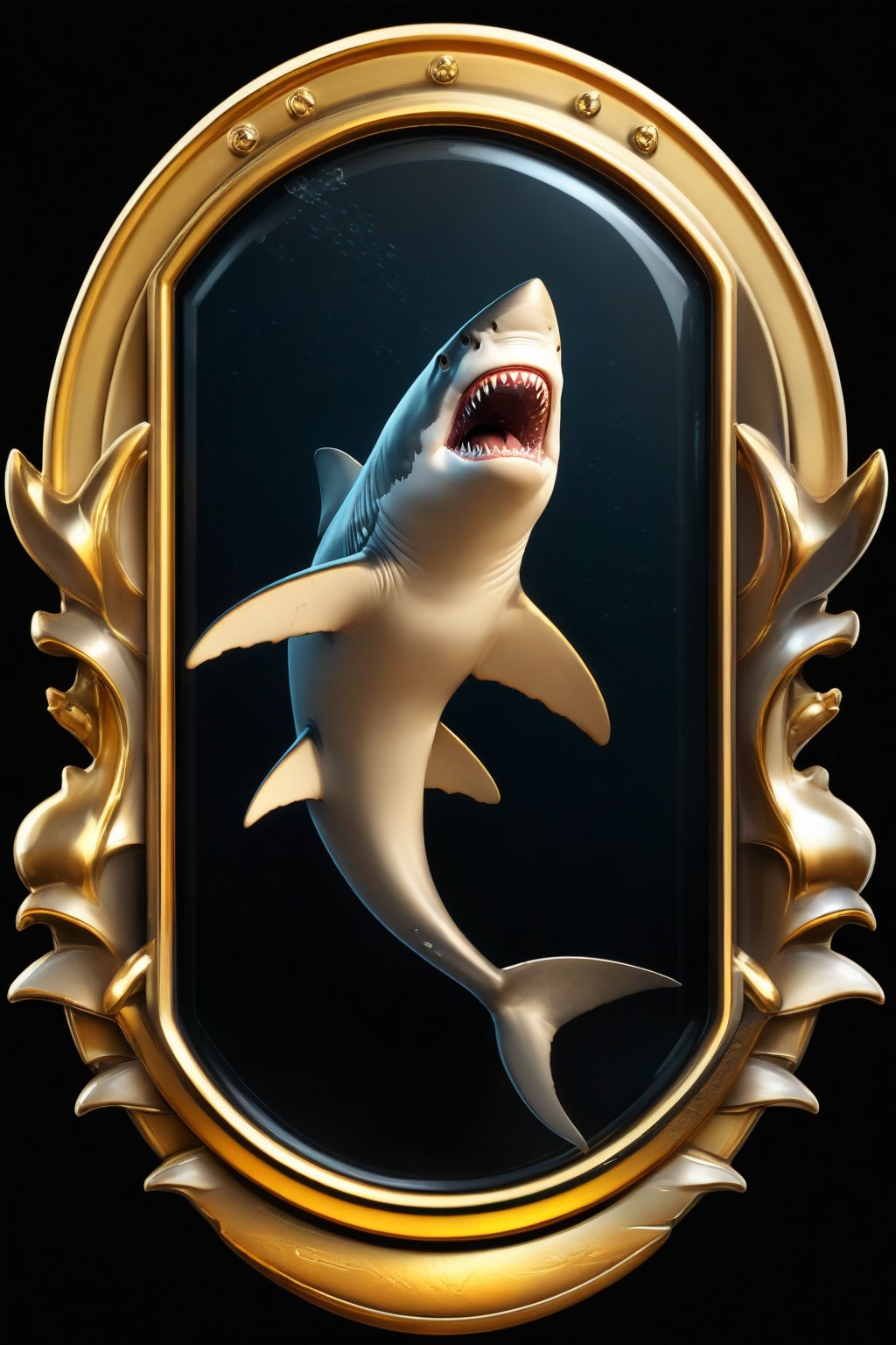 Masterpiece, realistic. High quality. Detailed. Badge. Shark
, golden frame,   black background, detailed paws