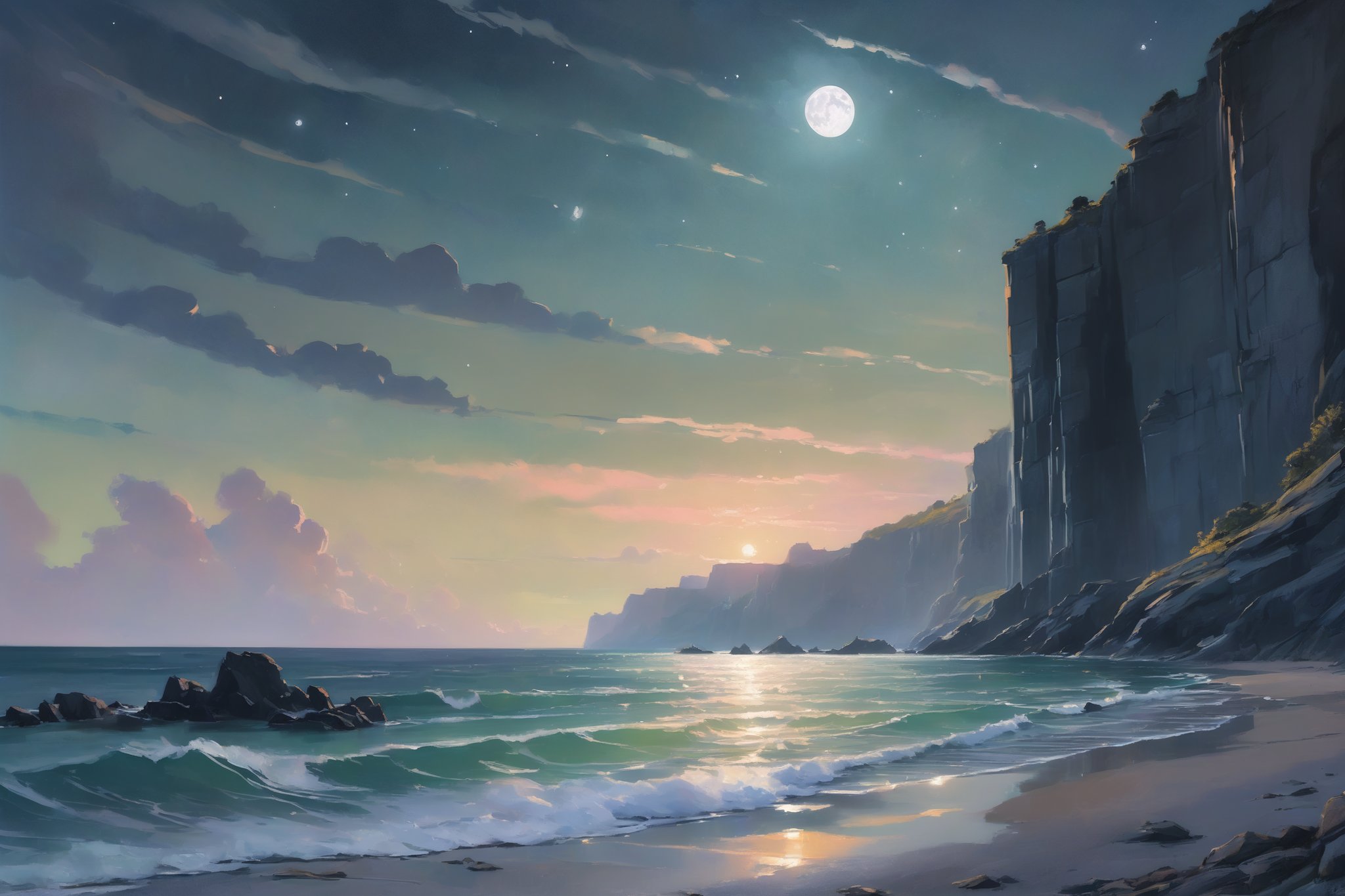 A tranquil beach scene under the light of a full moon. The waves gently lap at the shore, reflecting the silvery moonlight. Tall, dark cliffs frame the beach, and bioluminescent algae glow softly in the water. The sky is filled with stars, and the air is thick with a sense of mystery and calm. Hyper-detailed, ethereal lighting, serene and mysterious, high contrast between dark cliffs and glowing water