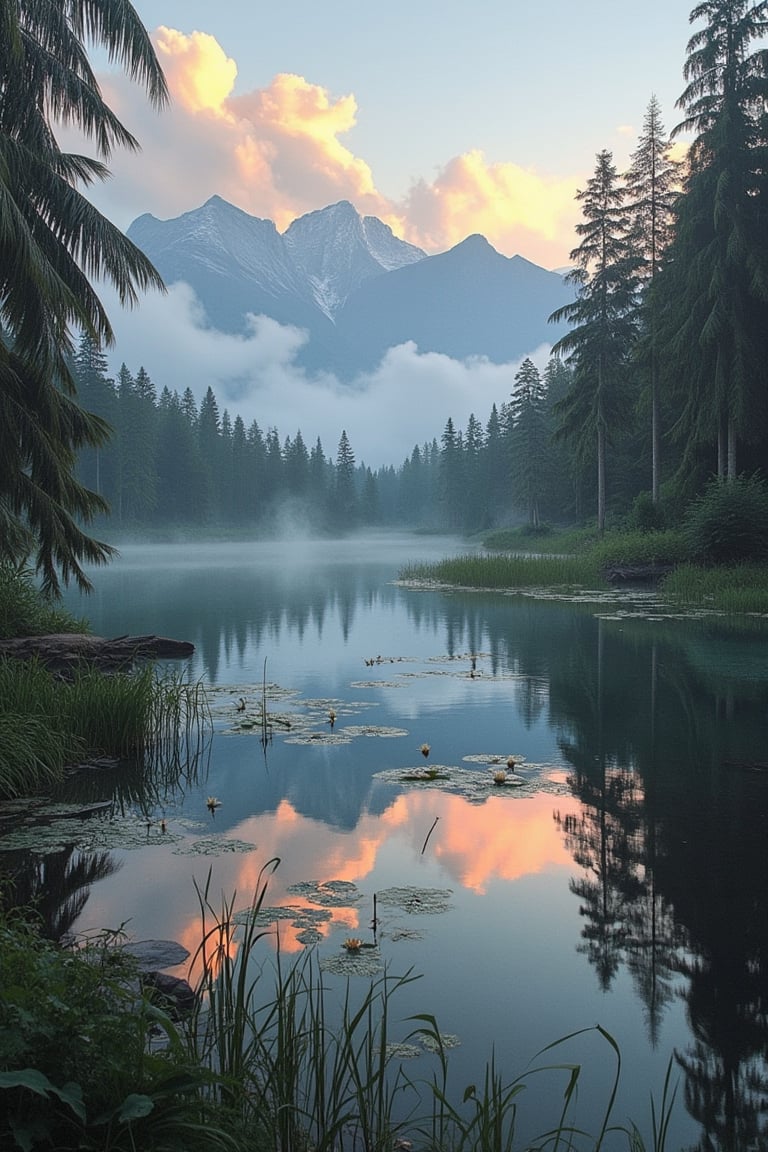 A serene Laivi scenery featuring a tranquil lake surrounded by lush greenery and towering trees. The lake is calm, with reflections of the sky and trees visible on its surface. . There are many lilies and reeds in the water. Red sunset.The composition is centered around the lake, with the surrounding forest framing the scene. The lighting is soft, with warm tones filtering through the trees, creating a peaceful and eye-soothing atmosphere.(A serene landscape of a sparkling lake, gentle clouds drifting in a bright blue sky, majestic mountain peaks emerging from the mist), vibrant colors, reflective water surface, tranquil atmosphere, high detail. highly detailed and hyper realistic photo, by Alena Aenami , by Archibald Thorburn , by Daniele Afferni , in the style of monochromatic silhouette reflection, limited dark palette, unusual dark colors, faded colors, atmospheric haze, highly dramatic cinematic lighting, motion blur, film grain, professional, excellent composition, finest details, maximized details, ultimate detail level, masterpiece, best quality