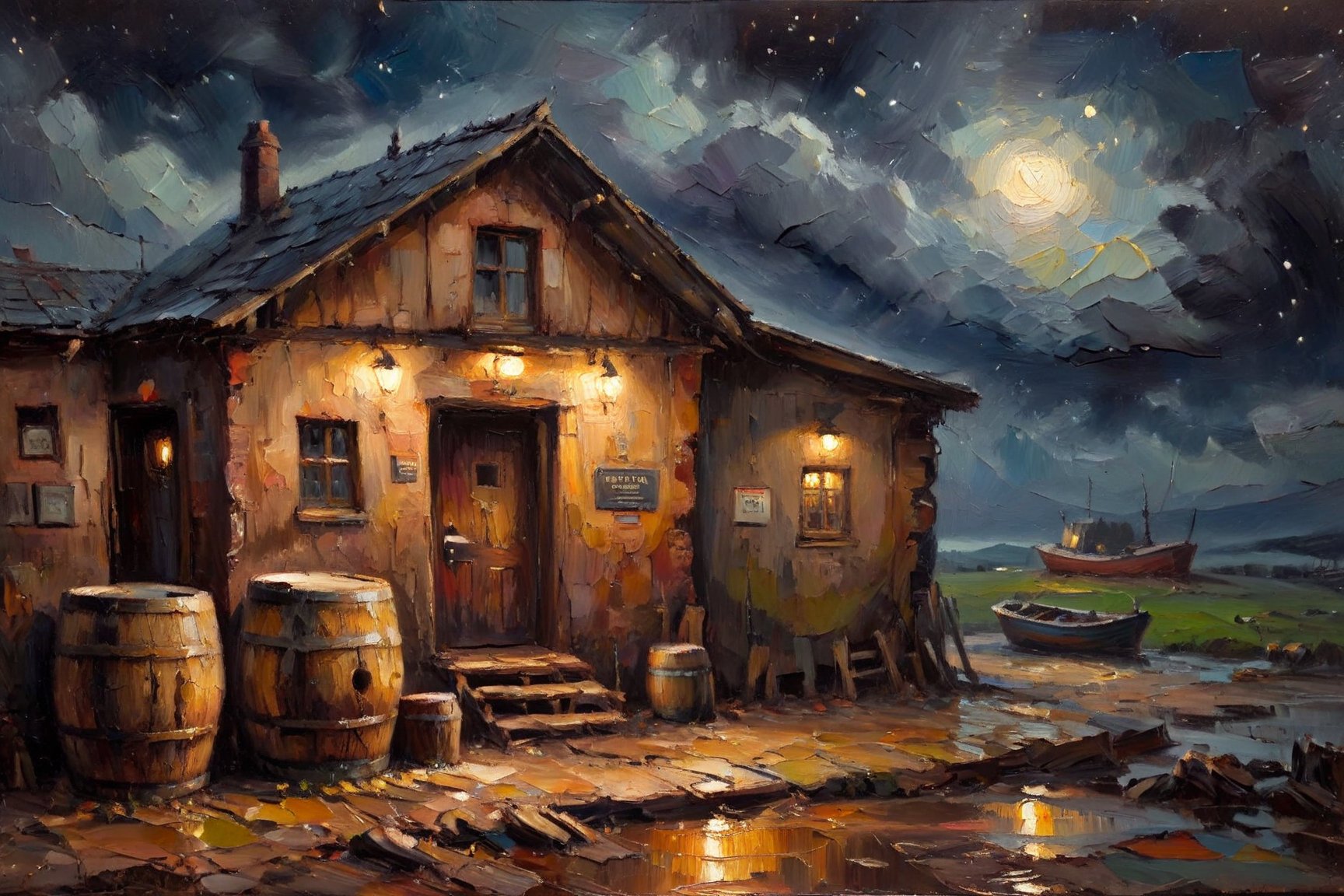 Painting of pub building in a desolate village in 1930s. Barrels standing close to the door. Old fishing boat leaning against the wall. Rainy, moonless night.  oil painting,  palette knife painting