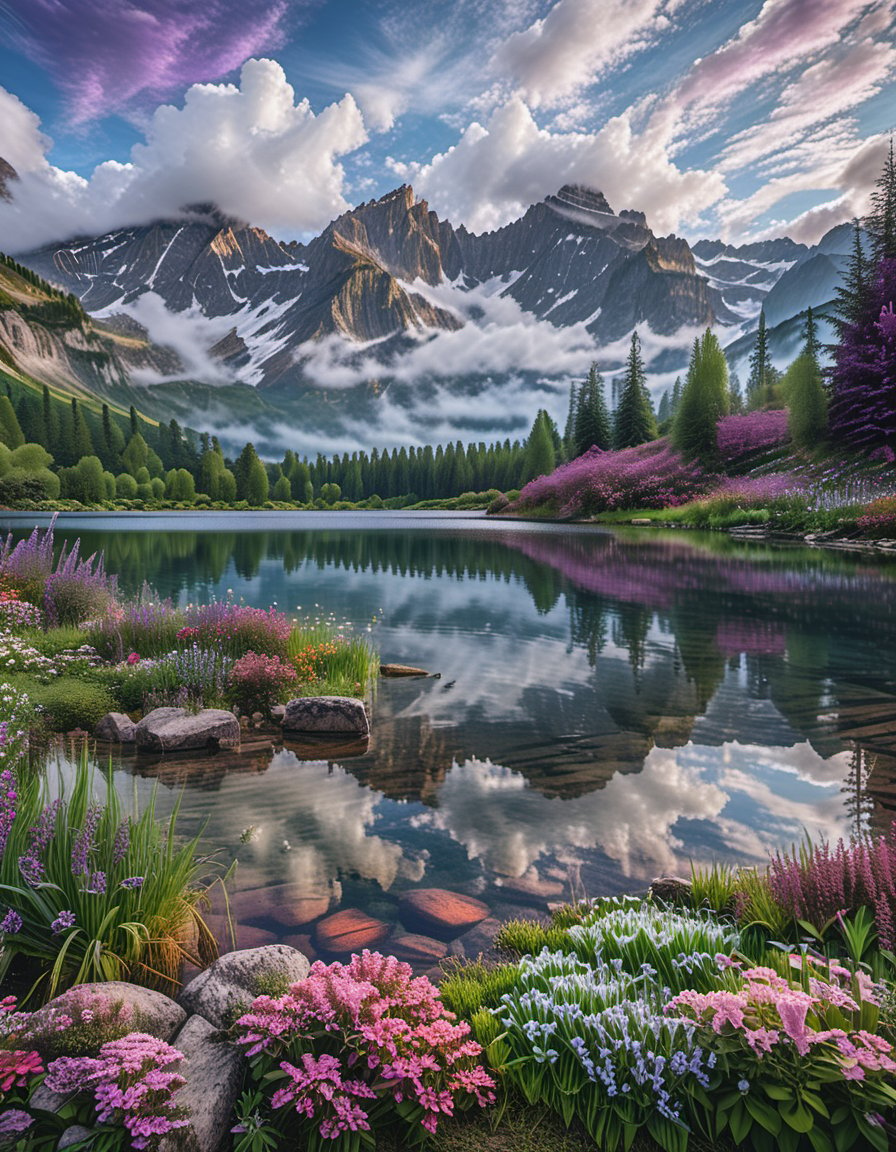 A beautiful fantasy landscape, with mountains and trees, and a majestic sky with white clouds, a lake can be seen that is still like a mirror reflecting the sky, the grass is purple and dark purple like lavender, Flowers bloom with radiance that brings magic to the place, it was morning day cinematic 8k photography shot by Sony cameras, ultra realistic,more detail XL