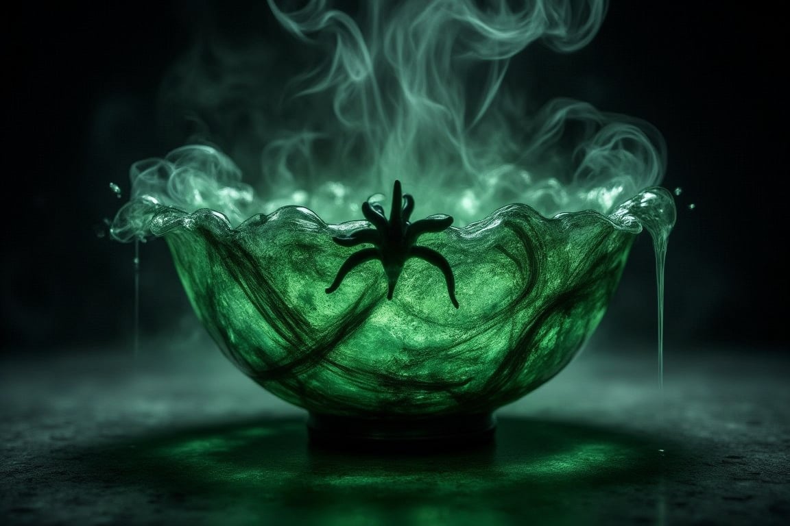 RAW Photo of HalloweenGlowStyle Green decorative bowl, (Masterpiece:1.3) (best quality:1.2) (high quality:1.1)