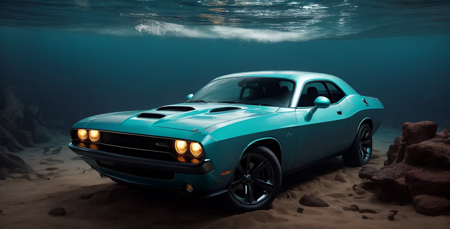 There&#39;s a Dodge Challenger III Restyling 2 2015 at the bottom of the ocean, surrounded by marine life. Light breaks through the water, creating mystical lighting. The car is partially covered with seaweed and coral, which emphasizes his prolonged stay under water. A variety of fish and other marine life swim around. Details for creating a picture: Main object: sports car (Dodge Challenger III Restyling 2 2015). Clean lines and modern car design, but with elements of corrosion and fouling by algae and corals. ambient: Ocean floor, covered with sand and stones. Marine flora: algae, armed, sea grass. Marine fauna: various types of fish, Maybe, small sharks, Jellyfish. Lighting & Atmosphere: Scattered light, penetrating through the water from above, creating soft light rays. Shadows & Depth, giving the image realism. Bluish and greenish shades, characteristic of the underwater environment. Additional elements (Optional): Shipwrecks or old chests in the distance to add ambience. little air bubbles, rising from the car. Style and mood: Realistic style with high detail. Mystical and slightly mysterious atmosphere. Combination of modern and natural. Technical specifications: a high resolution. Realistic stylization. Detailed elements of the car and the underwater world. Effective use of light and shadow to create depth and realism.