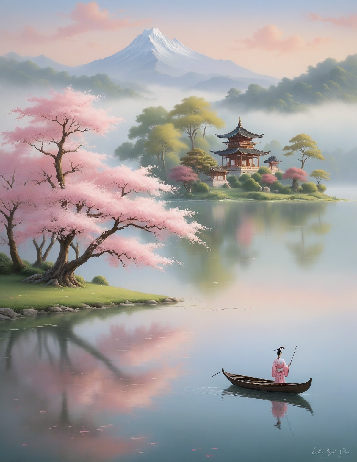 A serene, mystical scene featuring a tranquil lake with a gentle stream flowing into it. In the distance, an ancient temple stands atop a small hill, partially obscured by a gentle mist. A small boat floats quietly on the still lake, with a lone crane standing nearby, adding a touch of elegance to the scene. Cherry blossom trees in full bloom line the shore, their delicate pink petals creating a beautiful contrast against the lush greenery. Various flowers dot the landscape, enhancing the natural beauty. The setting is bathed in a soft, weak sunlight, casting a warm, ethereal glow over the entire scene. The overall atmosphere is one of peaceful solitude and natural beauty, capturing the essence of a hidden paradise.  ral-fntsyrlms, , ,  Gorgeous splash of vibrant paint,