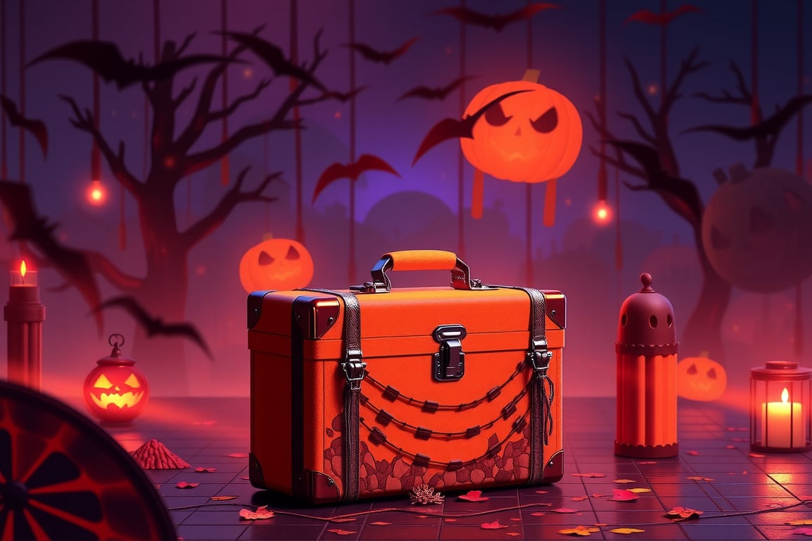 RAW Photo of HalloweenGlowStyle Orange Suitcase, (Masterpiece:1.3) (best quality:1.2) (high quality:1.1)