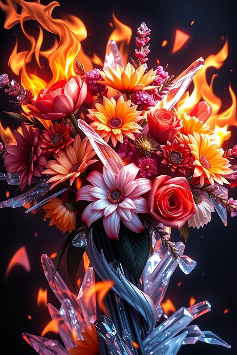 a flowers bouquet from ice and flames of fire, detailmaximizer