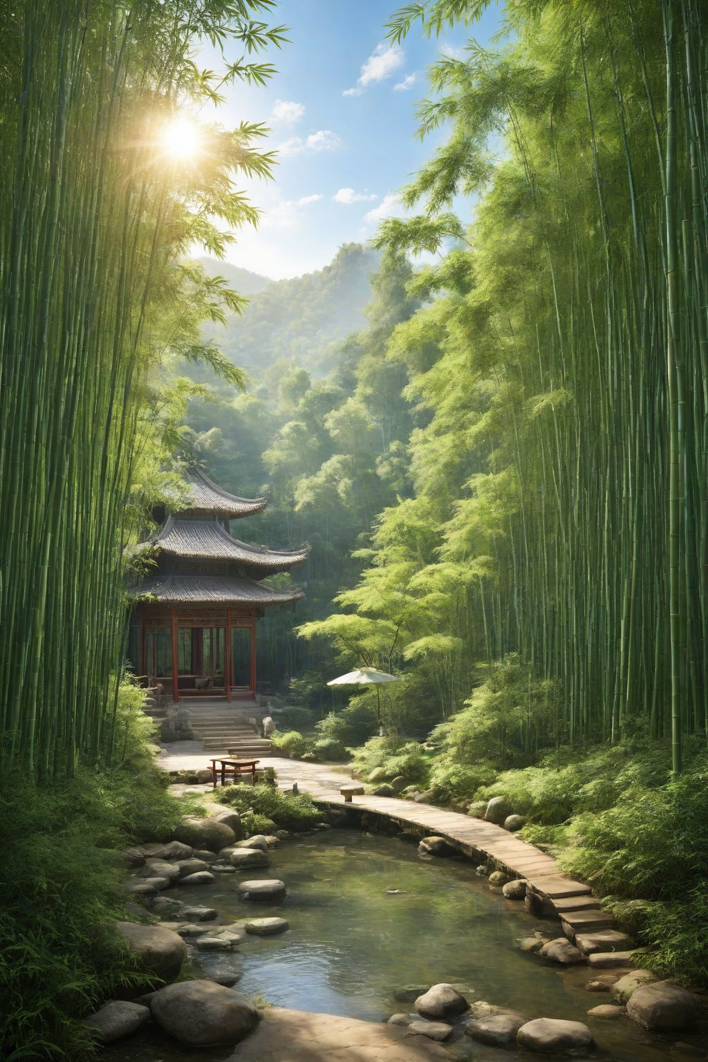 Chinese style, a quiet bamboo forest with a small pavilion and a stream next to it. A classical beauty is sitting in the pavilion playing the piano, and the sun is shining in the bamboo forest.